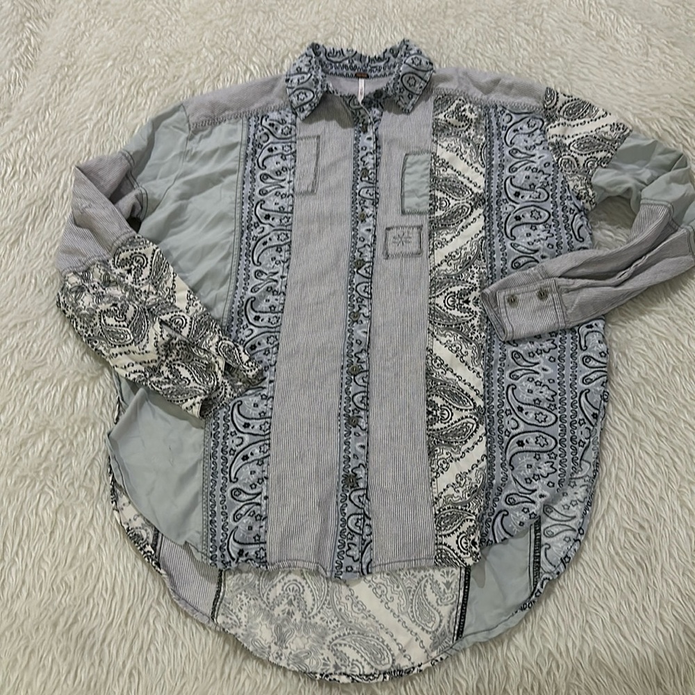 Free people all patched up Womans chambray button down shirt size xs